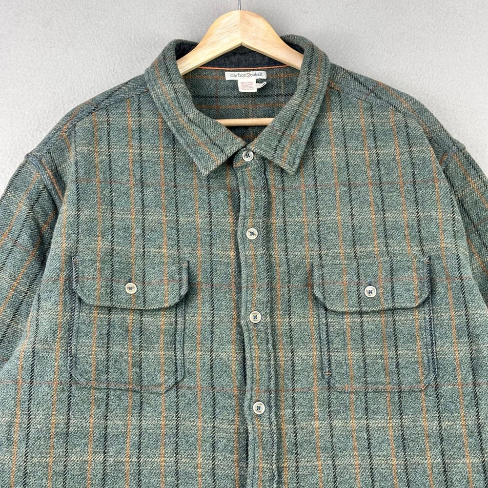 Carbon2Cobalt Flannel Shirt Jacket Men XXL Green KM3972 Cotton Thick Retro Work